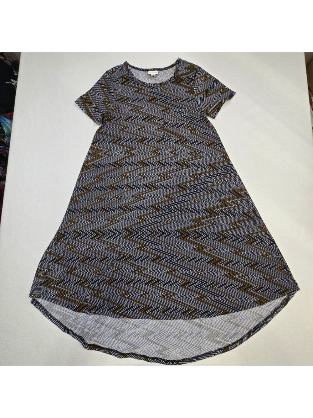 Lularoe Womens XS Short Sleeve A-Line Dress Brown & Black Chevron Zigzag